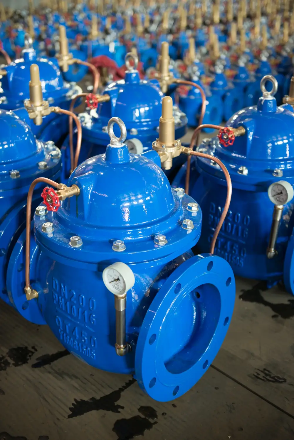 blue pressure reducing valves with gauges