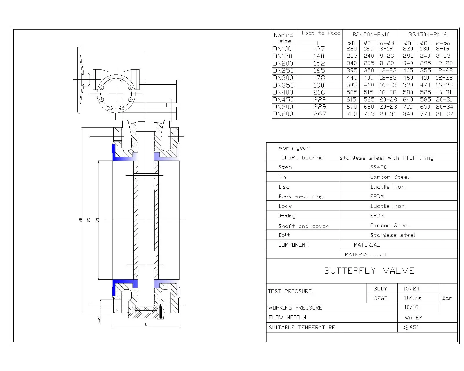 center line flanged butterfly valve drawing