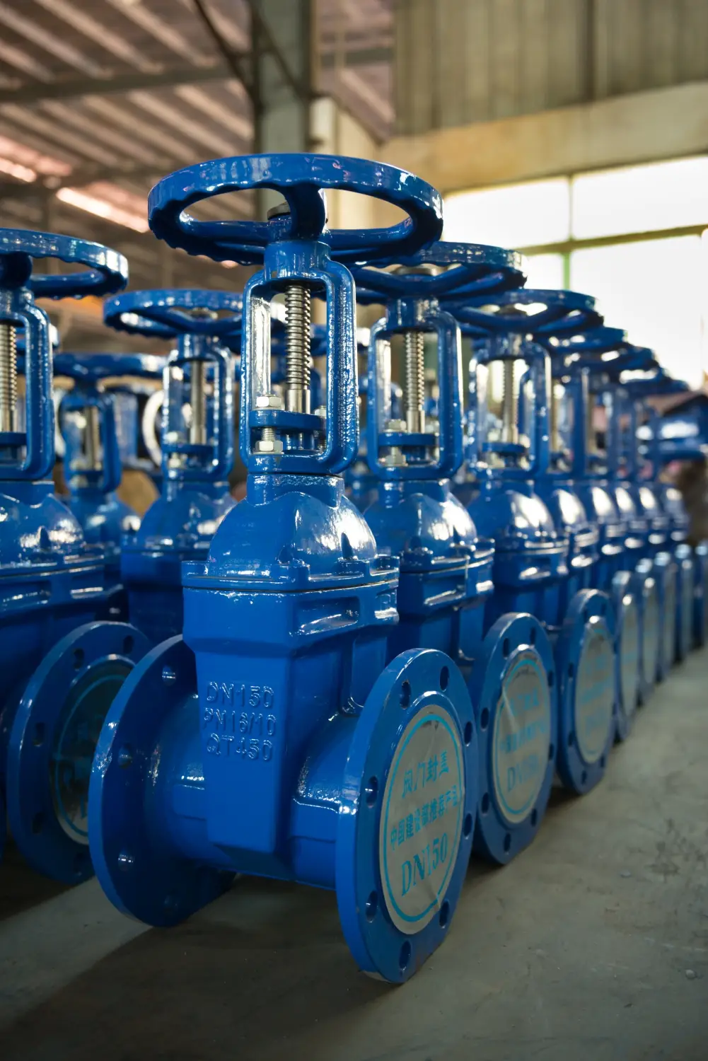 rows of blue manual gate valves